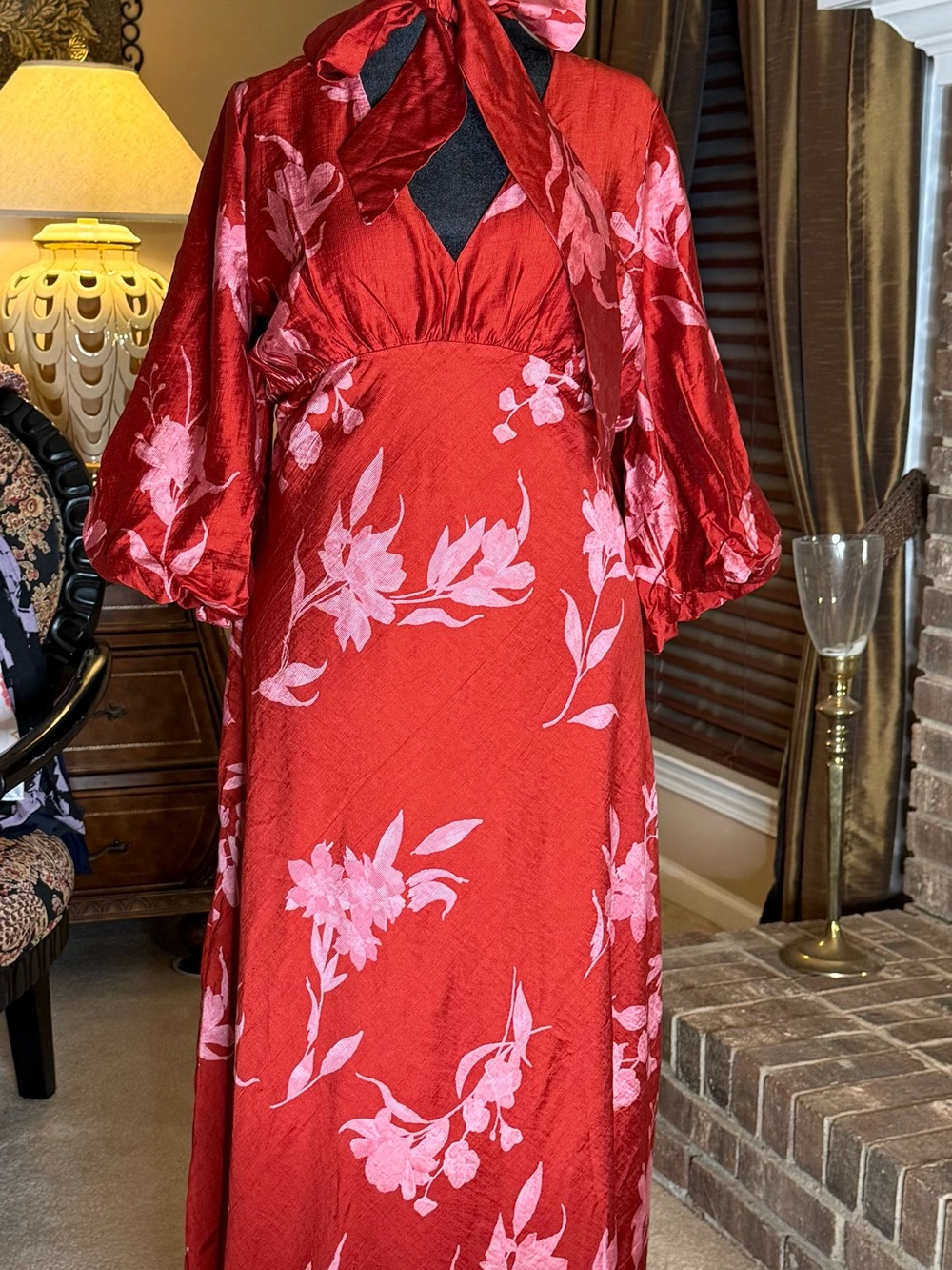 A New Day NWT Red Floral Maxi Dress L 70s Sophia Loren Style Scarf Neck